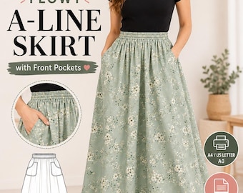 Puede incluir: Un patrón de costura para una falda acampanada fluida con bolsillos delanteros, en tallas 2-18 y XS-XXXL. El diseño presenta una tela verde salvia con un pequeño estampado floral blanco, una cintura elástica y formato PDF digital para A4, US letter, A0 y proyector.