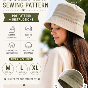 Op de afbeelding: Een naaipatroon voor een bucket hat, met de tekst "Bucket Hat Sewing Pattern". Inclusief PDF-patroon en instructies, direct downloaden, gemakkelijk te naaien, stapsgewijze instructies en A4/US letter printbaar. Maten: M (57,5 cm), L (59,5 cm) en XL (61,5 cm).