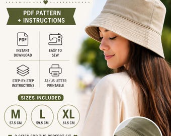 Patrón de costura en PDF para sombrero tipo pescador / Sombrero tipo pescador para niña / Patrón de sombrero para hacer tú misma / Descarga instantánea / Patrón de costura para principiantes / Tallas M, L y XL incluidas