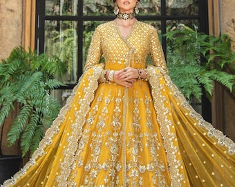 Yellow bridal mehndi mayo dress Embroidered lehenga suit Pakistani indian wedding guest outfit