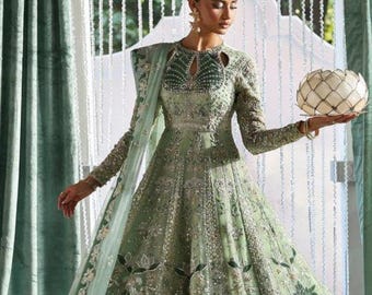 Mint green handmade wedding Gown maxi dress Pakistani Indian party william guest outfit