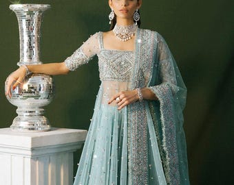 Ice blue bridal pishwas lehenga pakistani indian wedding engagnment nikkah william dress guest outfit