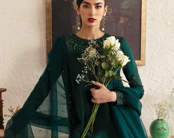 Bottle Green Tissue Silk Sharara Set with Hand Embellishments & Organza Dupatta