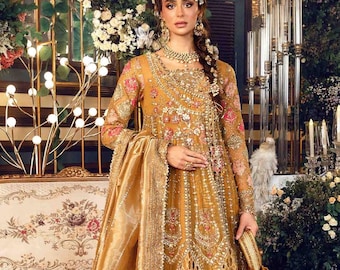 Mustard organza Maxi dress pakistani wedding gown hand embellished party outfit