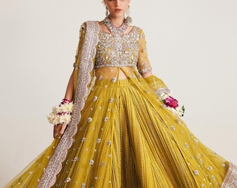 Lime yellow net lehenga peshwas Pakistani indian mehndi mayo Haldi dress guest outfit