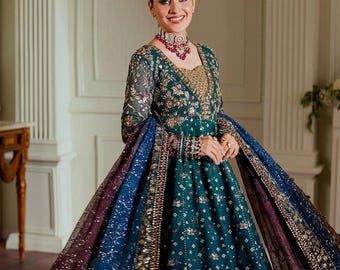 Multi shades chiffon Embroidered gown suit Pakistani indian wedding Maxi dress