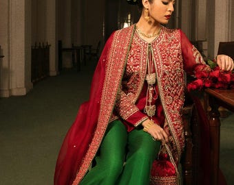 Hot pink jacket shirt embroidered dress Pakisatni Indian wedding barat william mehndi guest outfit