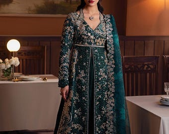 Teal green open shirt gown Pakistani wedding bridal dress party wear festive outfit
