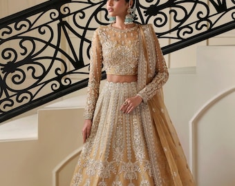 Gold pakistani Wedding Dress guest embriodered indian Navatri lehenga choli