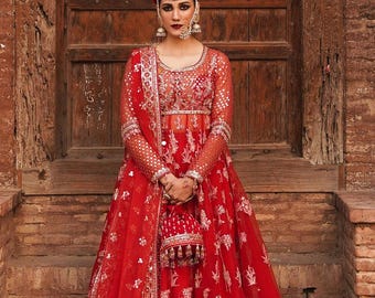 Embroidered red lehenga pishwas wedding dress nikkah barat guest outfit