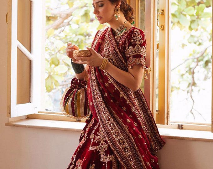 Featured listing image: Red bridal lehenga dress latest 9000 velvet lehenga pakistani indian wedding outfit