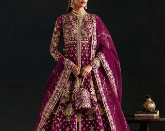 Embroidered Organza Pakistani Wedding Dress Raw Silk Lehenga, Hand Embellished Panels