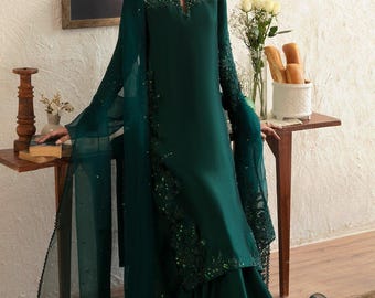 Bottle Green Tissue Silk Sharara Set with Hand Embellishments & Organza Dupatta