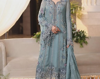 Slate blue 3 piece embroidered chiffon suit pakistani indian wedding party outfit