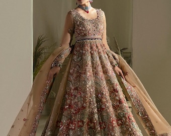 Hand-Embroidered Beige Golden Indian Pakistani Bridal Dress: Floral Embellished Wedding Wear
