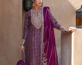 Latest plum long shirt paksitani indian wedding party wear eid festive guest outfit