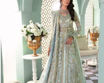 Luxury Pakisatni Bridal wear Mint Embroriered maxi heavy sequnis thread work