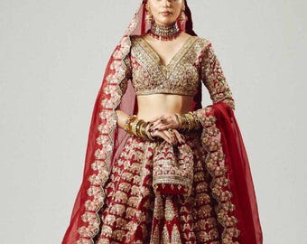 Red handmade Embroidered lehenga choli wedding dress Pakistani barat nikkah outfit