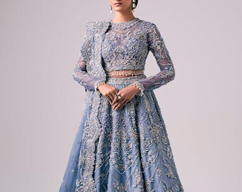 Sky blue designer dress embroidered net lehenga choli party william festive guest outfit