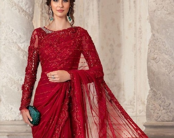 Red net saree handmade embroidered pakistani indian wedding festive outfit