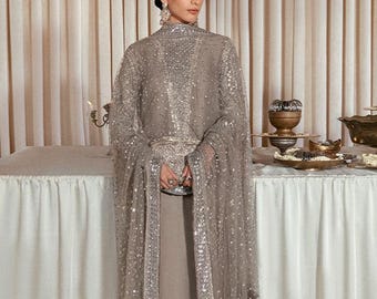 Grey Embroidered silk salwar kameez suit pakistani indian wedding dress festive outfit