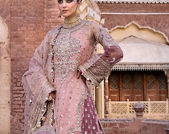 Rose Milk Pink Organza Embroidered Gharara Ensemble (Unstitched Collection)