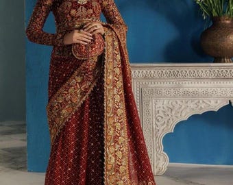 Luxury maroon velvet saree pakistani indian wedding party wear eid festive outfit