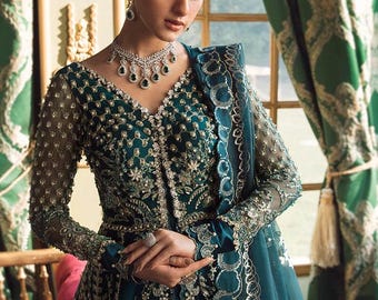 Embelished net maxi dress green bridal nikkah william outfit