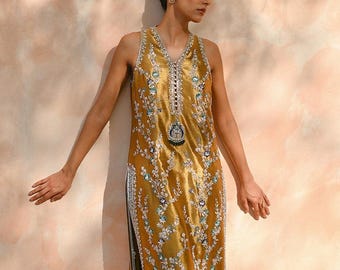 Latest Mustard embroidered silk long kurta Pakistani wedding dress