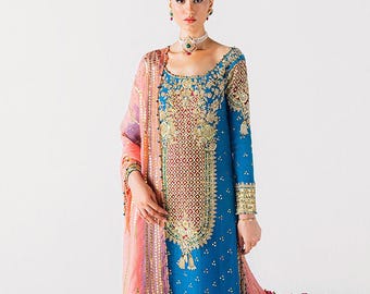 Hand made embellished blue formal dress wedding wear mehendi eid barat guest outfit