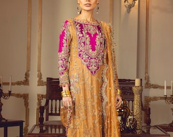 Mustard pink embroidered salawr kameez pakistani indian mehndi wedding Dress dholki guest outfit