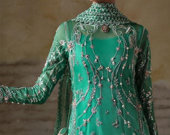 Latest pakisani  green hand made bridal dress nikkah barat mehndi guest festive Eid outfit