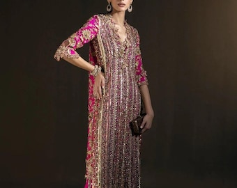 Pakistani designer dress deep pink long shirt party wear dress