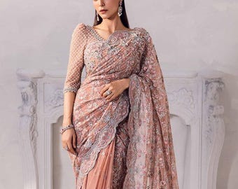 Nude pink saree wedding party wear designer outfit