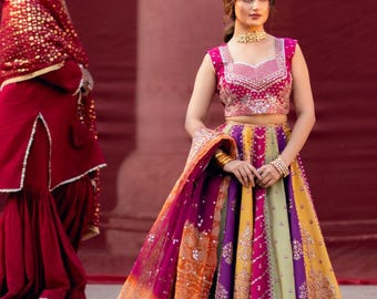 Multi shades Lehenga choli mehndi dress Embroidered Pakistani indian wedding outfit