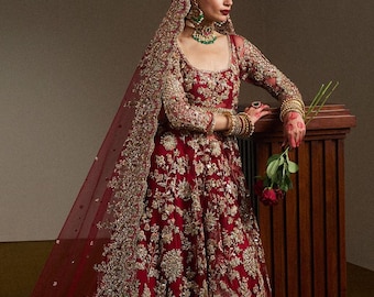 Deep maroon designer bridal dress Pakistani indian party wear wedding nikkah barat festive outfit