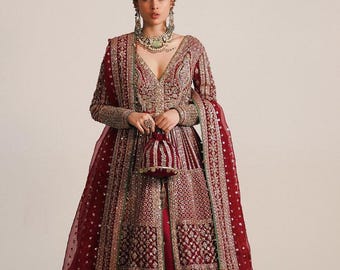 Maroon bridal lehenga maxi gown pakistani indian wedding barat nikkah navatri guest outfit