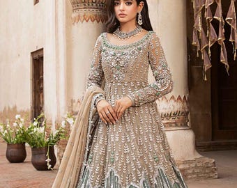 Latest pakistani pishwas Soft coffee see green border wedding navatri eid festive outfit