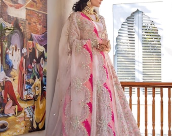 Embroidered bridal pink pishwas lehenga Pakistani indian wedding william nikkah guest outfit
