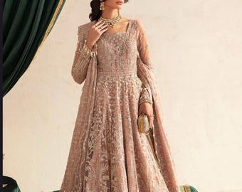 Pink Embroidered wedding Gown maxi dress pakistani indian party festive guest outfit