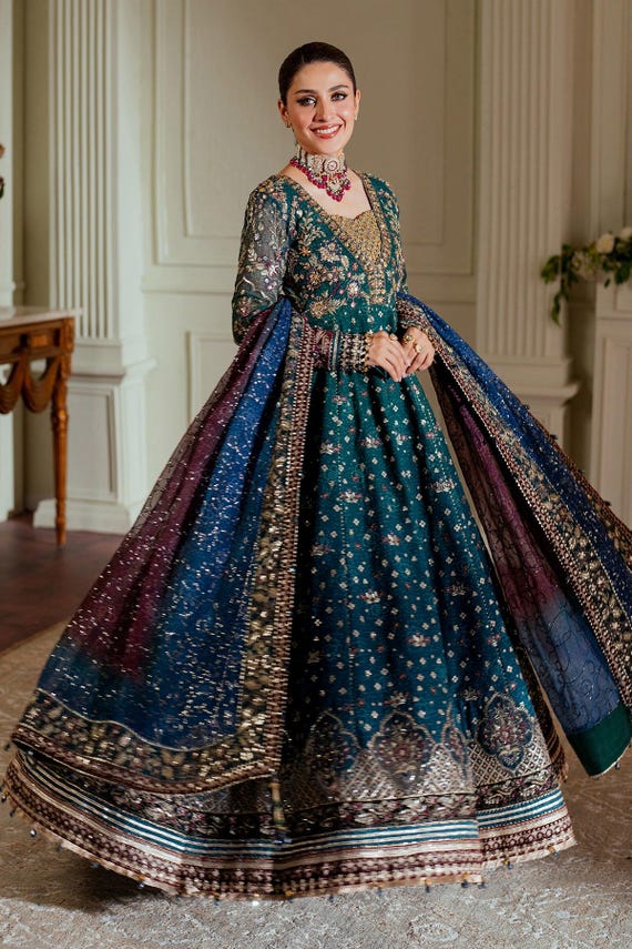 Multi shades chiffon Embroidered gown suit Pakistani indian wedding Maxi dress