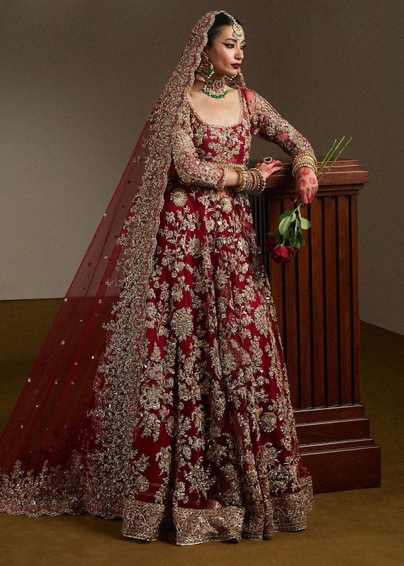 Deep maroon designer bridal dress Pakistani indian party wear wedding nikkah barat festive outfit