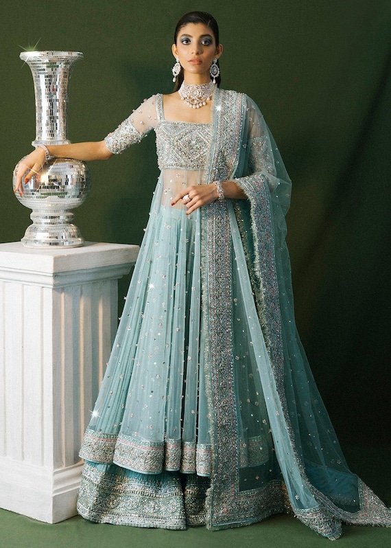 Ice blue bridal pishwas lehenga pakistani indian wedding engagnment nikkah william dress guest outfit