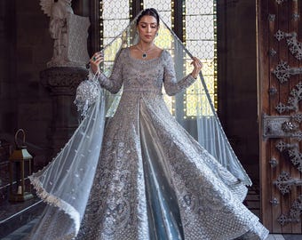 Ice Blue Hand Embellished Bridal Gown, Lehenga, Dupatta Set – Floral Crystal Motifs