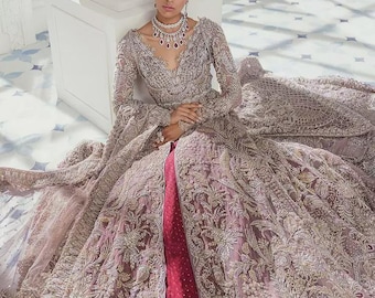 Elegant pakistani bridal frock lehenga front open dress festive outfit