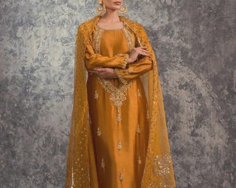 Rust embroidered mehndi shalwar kameez pakistani indian wedding dress eid festive outfit