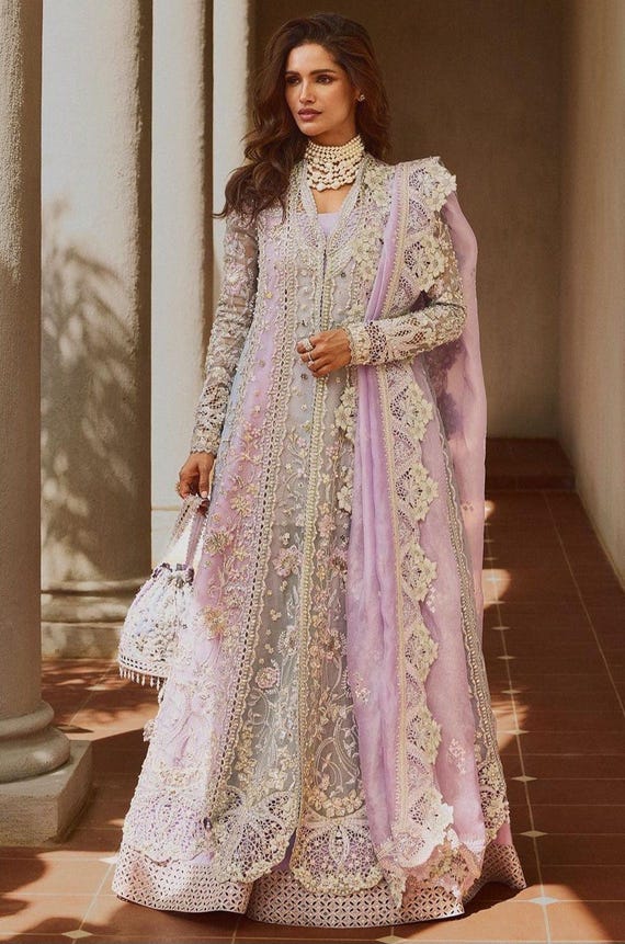 Embroidered organza pakistani dress mehndi nikkah eid festive