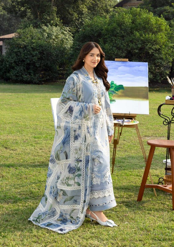 Embroidered Lawn Dress with Laserwork and Organza Borders, Festive Party Wear