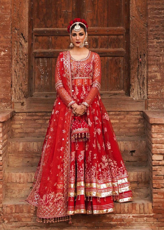 Embroidered red lehenga pishwas wedding dress nikkah barat guest outfit