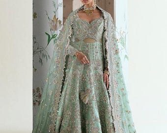 Sage green Embroidered Pishwas Bridal suit indian pakistani engagement nikkah party wear outfit